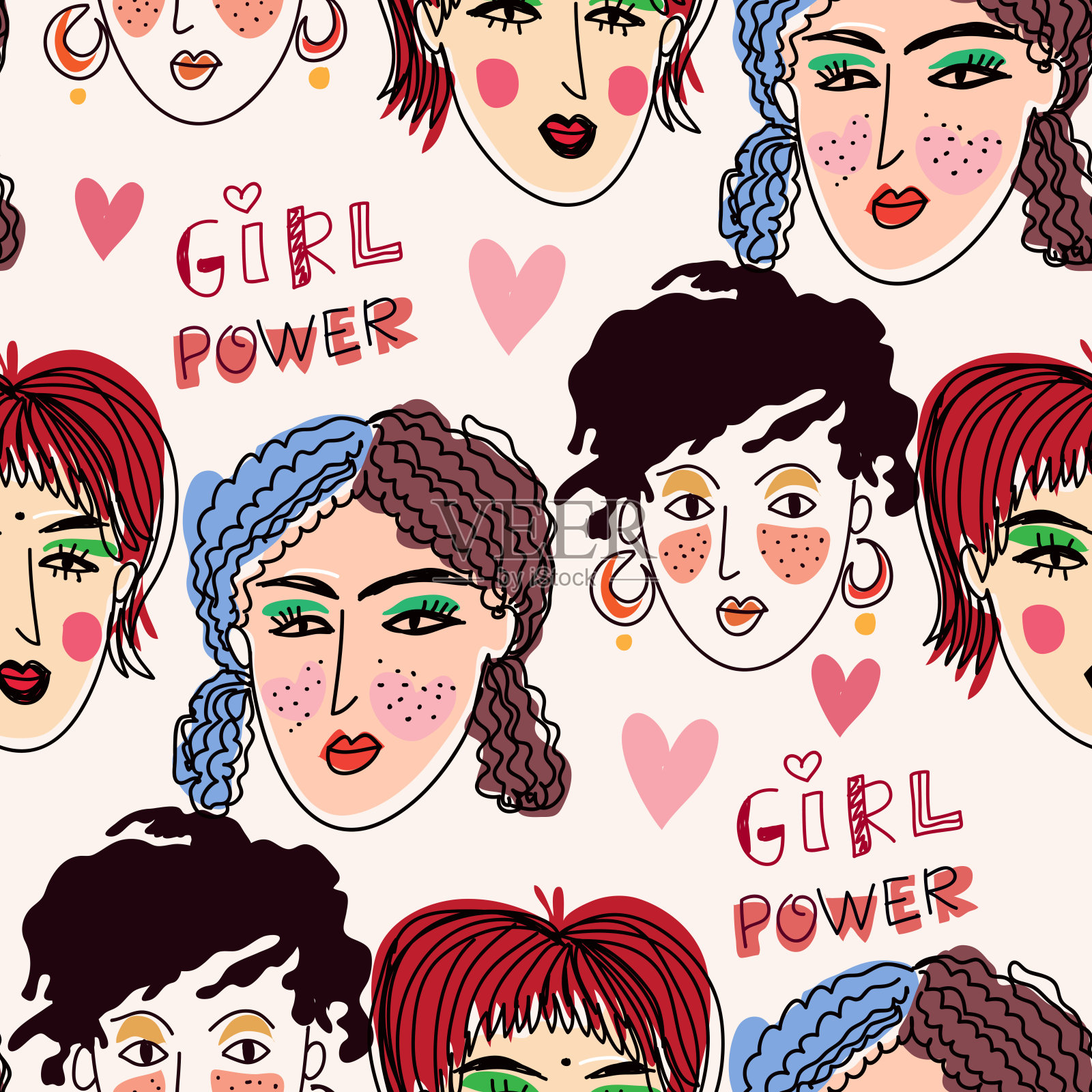 时尚无缝模式与美丽的女人肖像插画图片素材