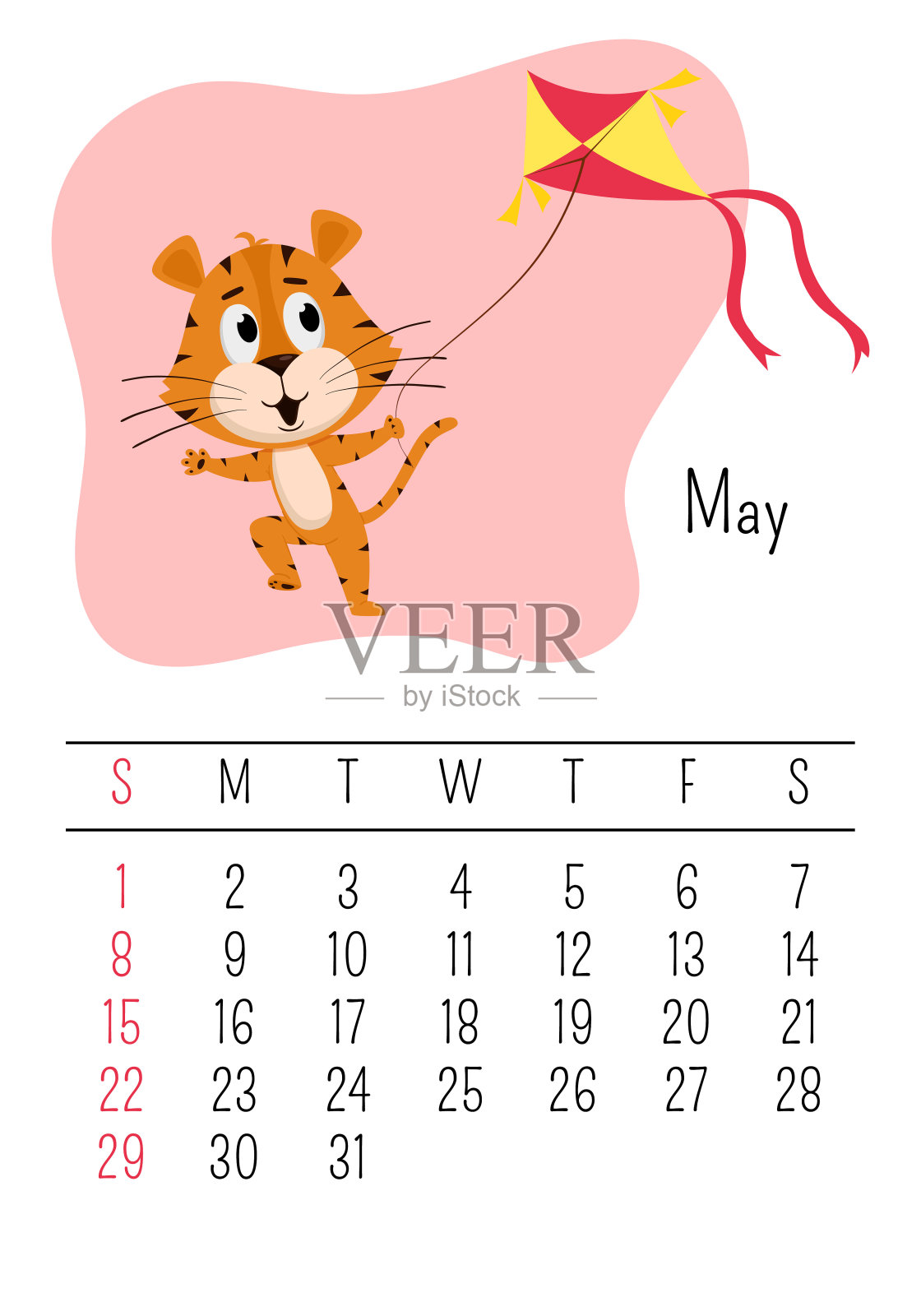 垂直墙日历页面模板为2022年5月与卡通老虎象征的中国年。一周从星期天开始。老虎放风筝插画图片素材