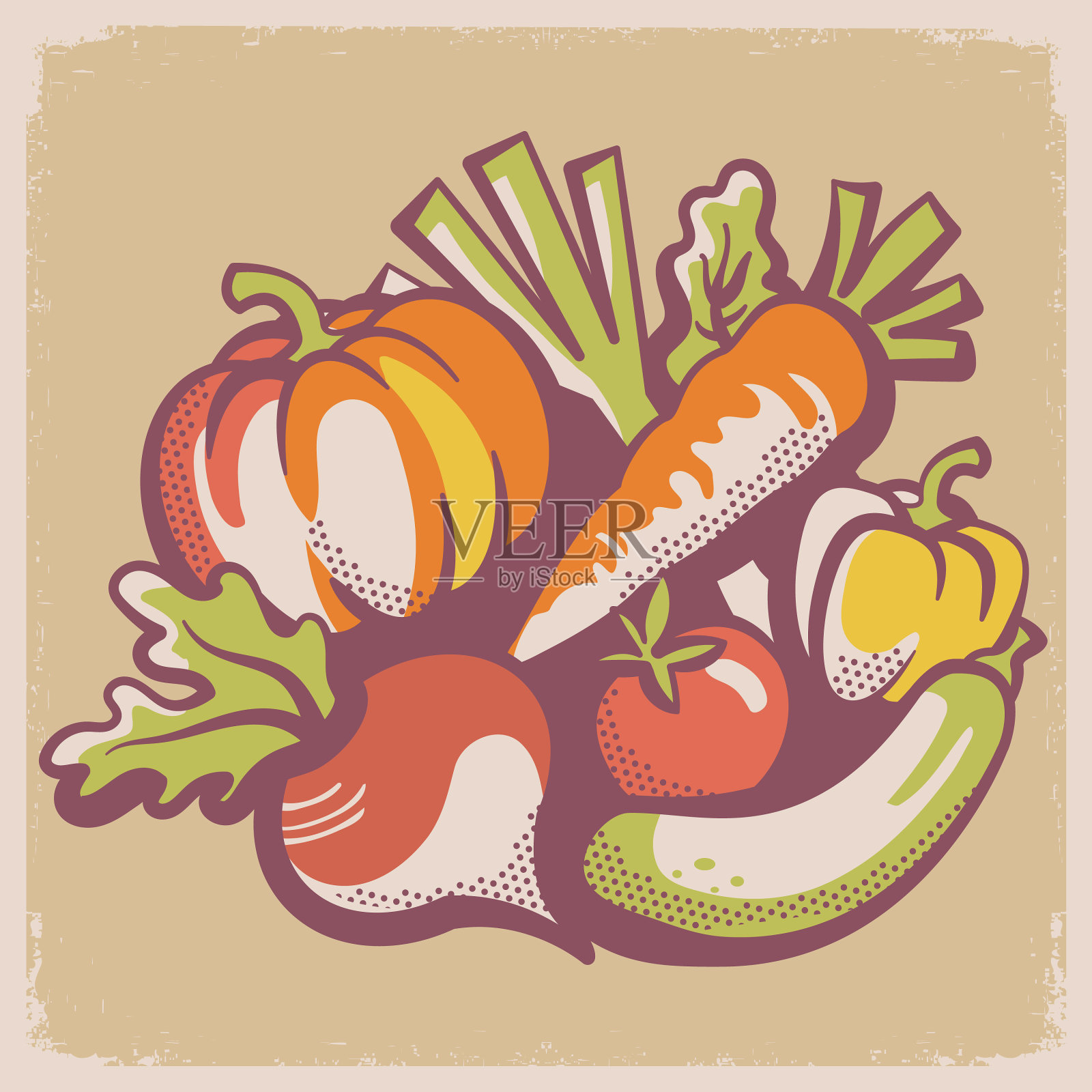 新鲜蔬菜复古风格的收获节插画图片素材