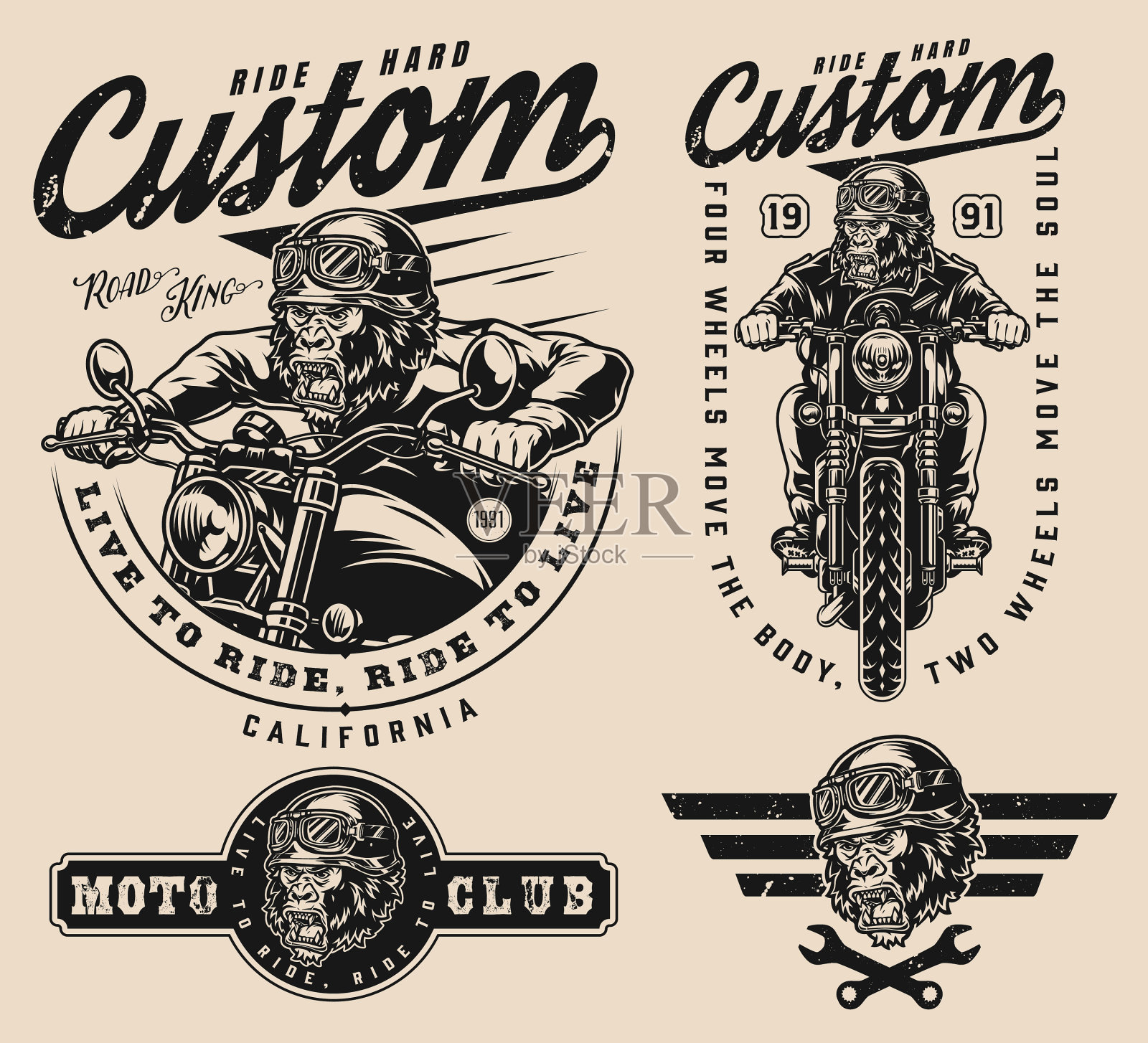 黑白定制摩托车复古标签插画图片素材