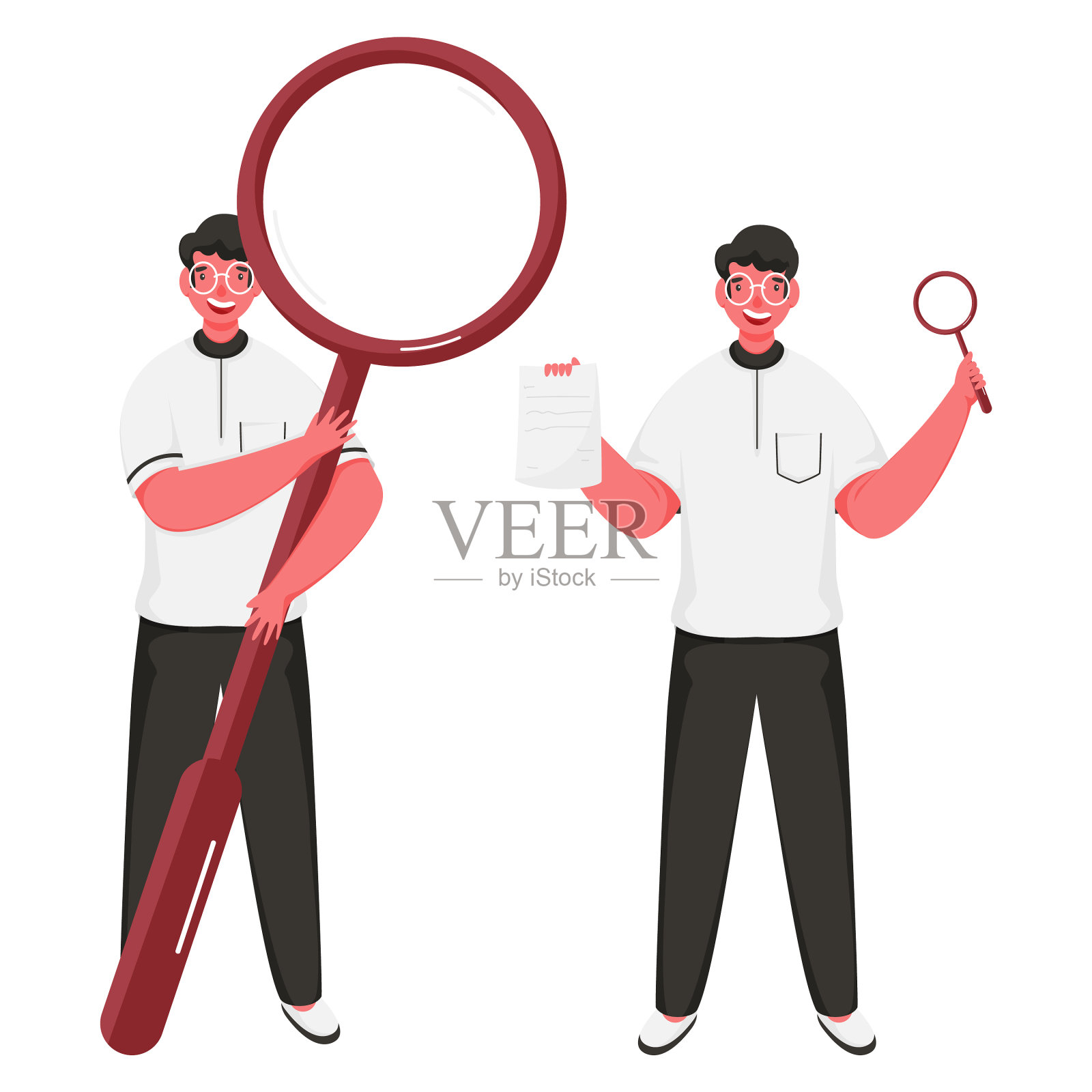 快乐的男人拿着放大镜和纸插画图片素材