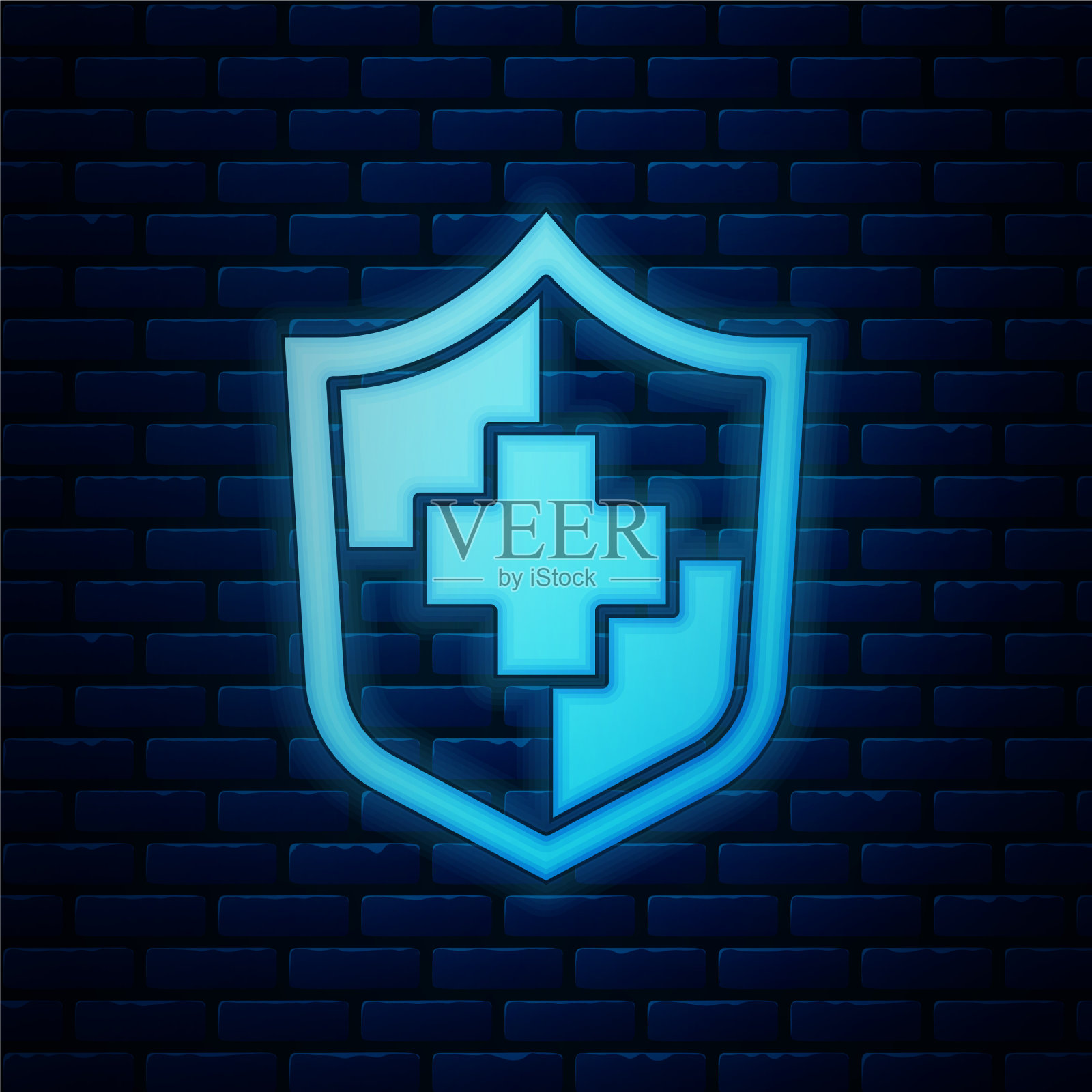 发光的霓虹人寿保险与盾牌图标插画图片素材