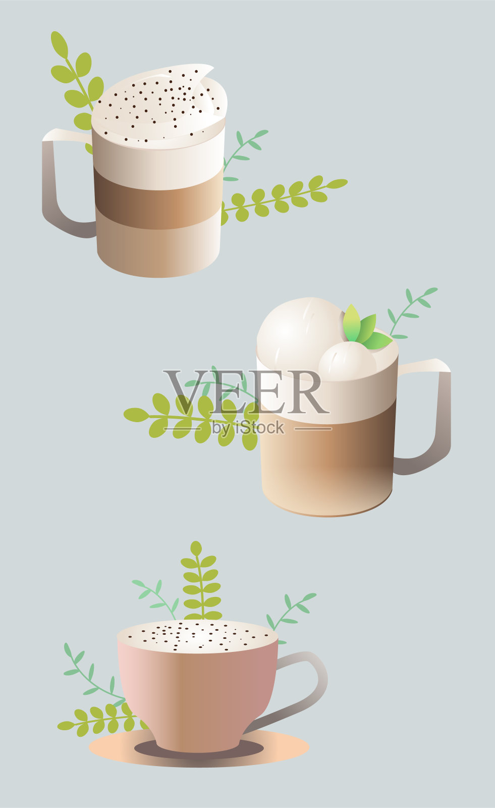 收集咖啡,卡布奇诺,拿铁,摩卡,杯子和植物的背景插画图片素材