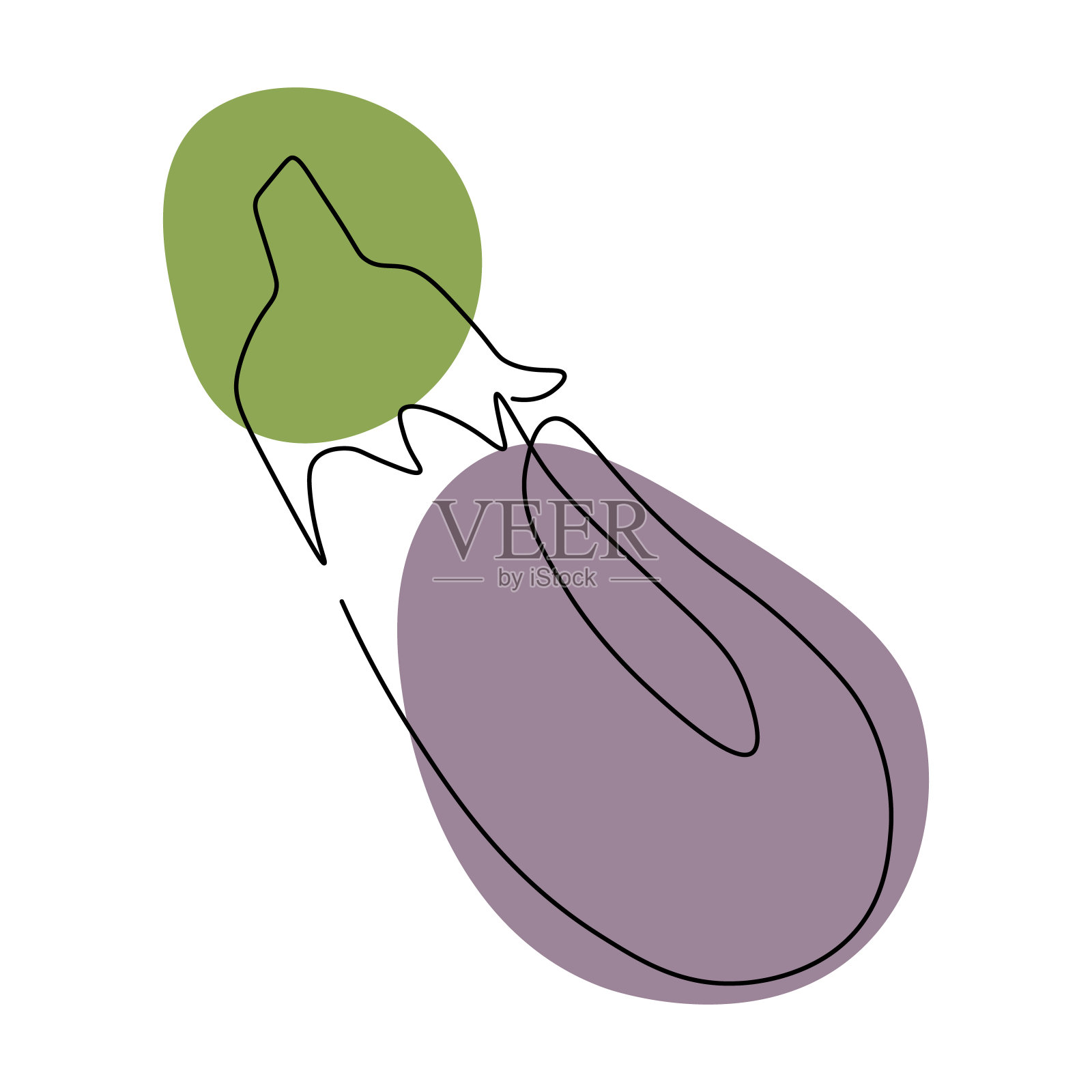 连续一行画茄子。矢量插图。黑色线条艺术在白色的背景和彩色的斑点。插画图片素材