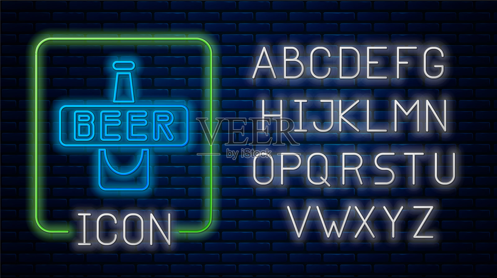 发光的霓虹灯啤酒瓶图标孤立在砖块上插画图片素材