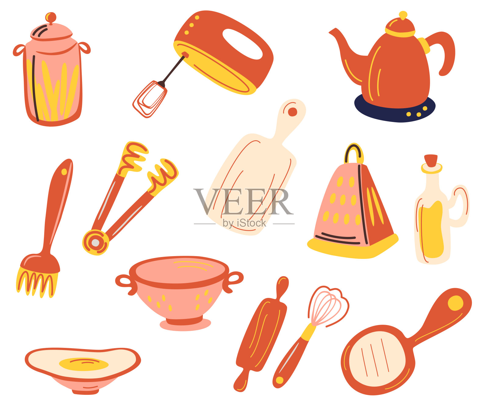 厨房用具。厨房用具和餐具。手动搅拌机,磨碎器,搅拌器,切菜板,罐头,漏勺,水壶。为现代食谱卡片模板集的食谱书。矢量平面插图。插画图片素材