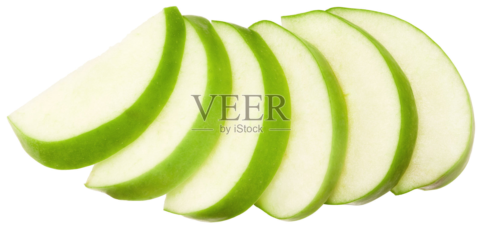 一片绿苹果孤立在白色的背景上。剪切路径照片摄影图片