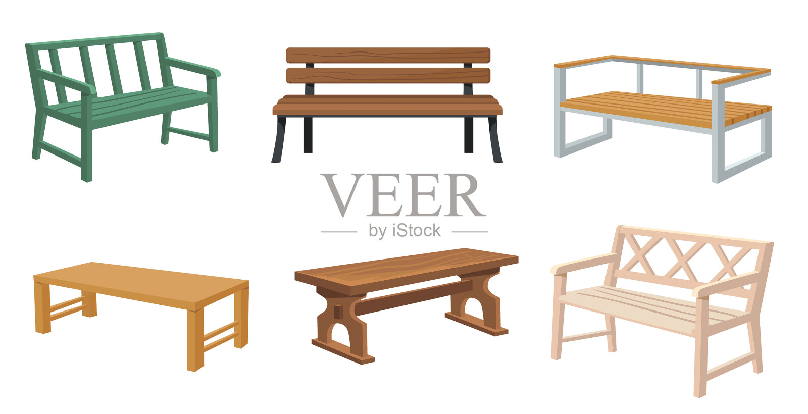 各种木制花园和城市长椅的平置插画图片素材