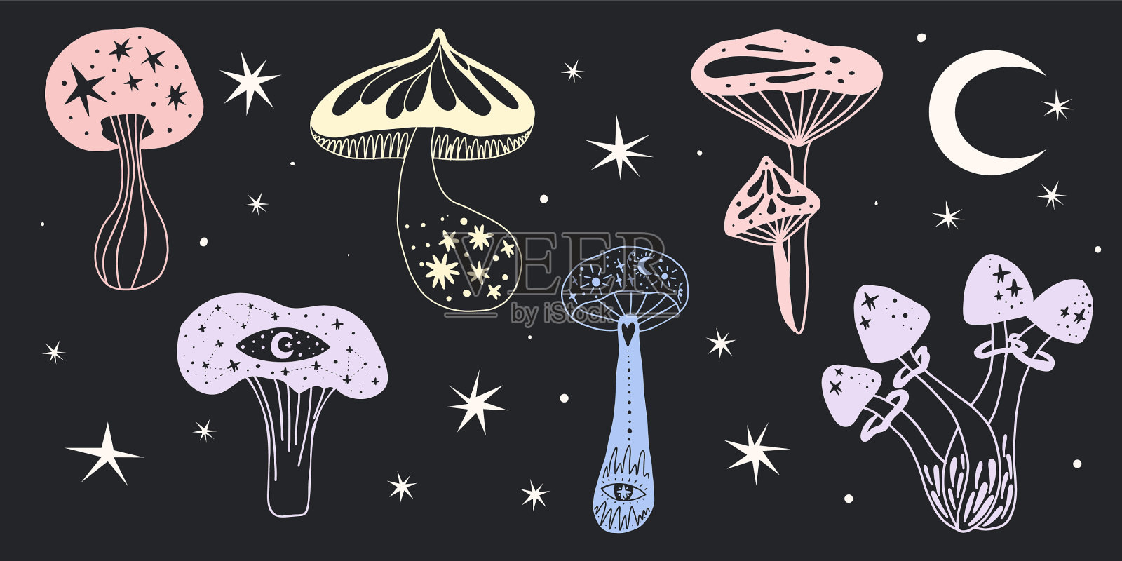 太空蘑菇设置手绘线蜡笔插画图片素材