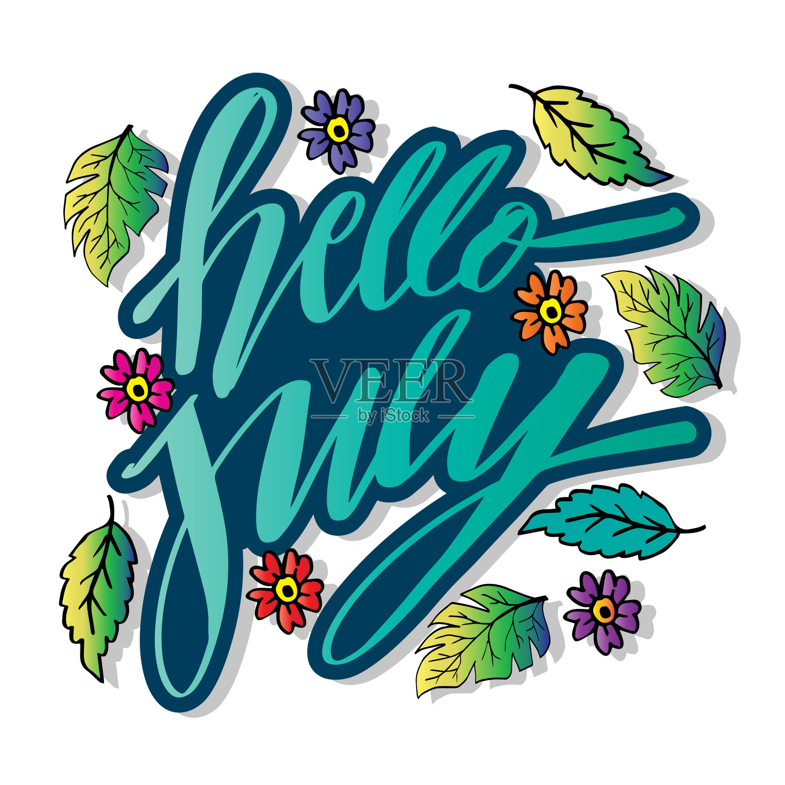 你好七月,用花卉装饰的手写字母。贺卡的概念。插画图片素材