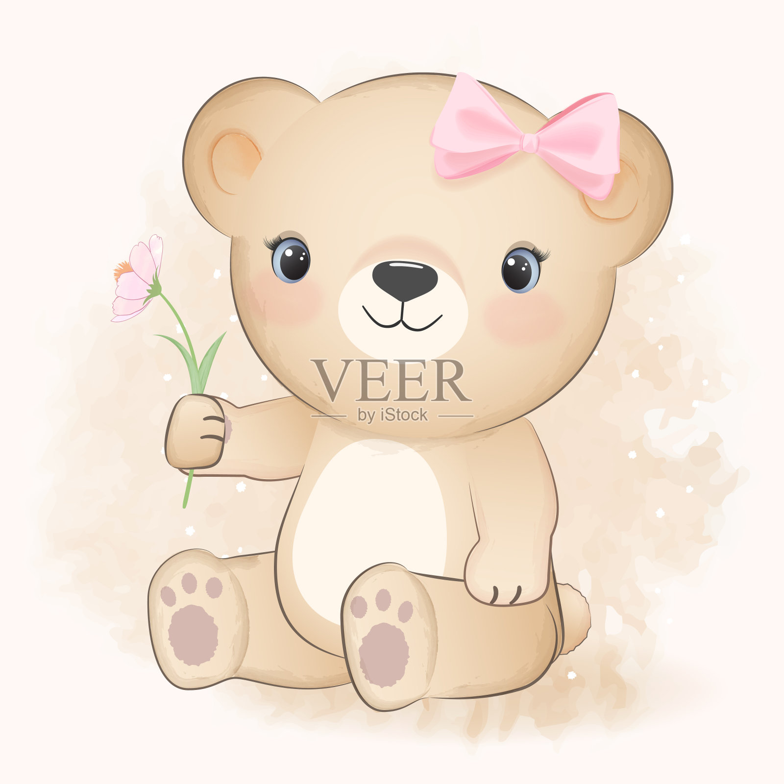 可爱的小熊和宇宙花,水彩画插图插画图片素材