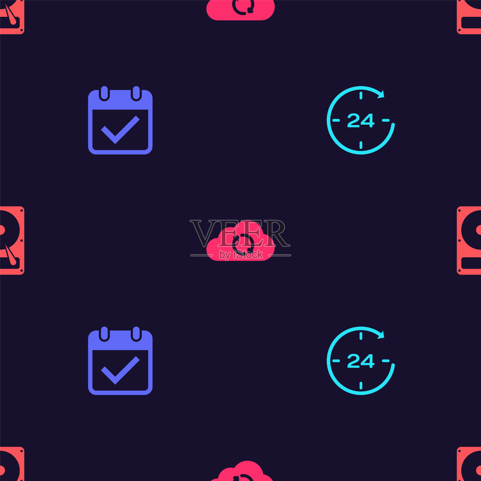 设置时钟24小时日历与检查标记图标素材