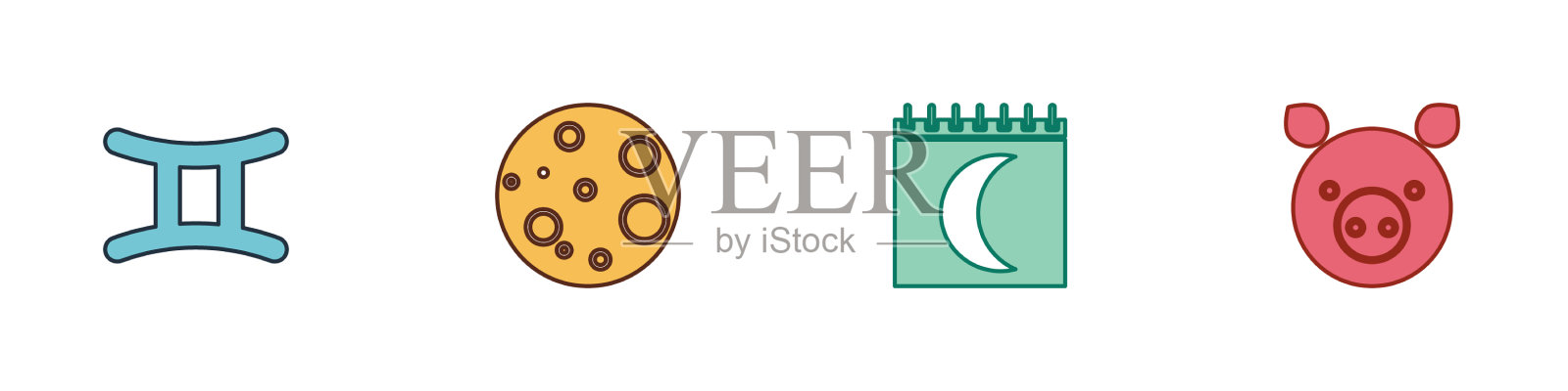 设定双子星座月相日历和猪图标素材