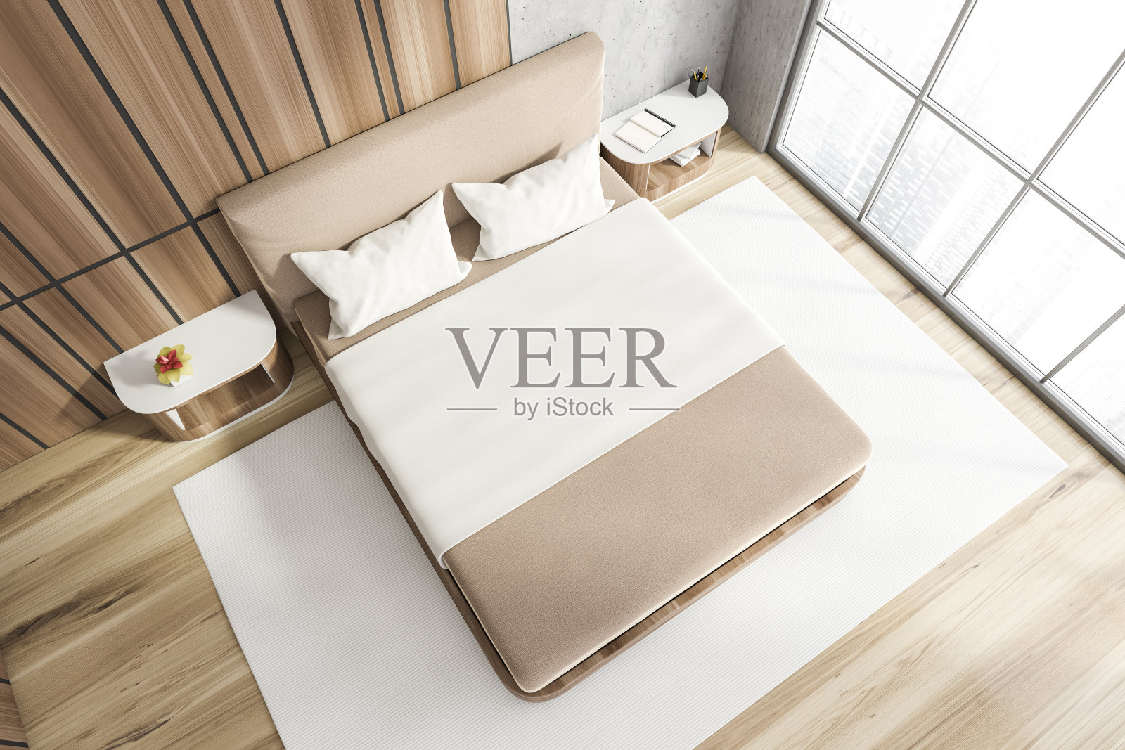 现代风格的卧室内部与木墙,拼花地板,主床和全景窗口城市景观。摩天大楼的建筑。前视图。照片摄影图片