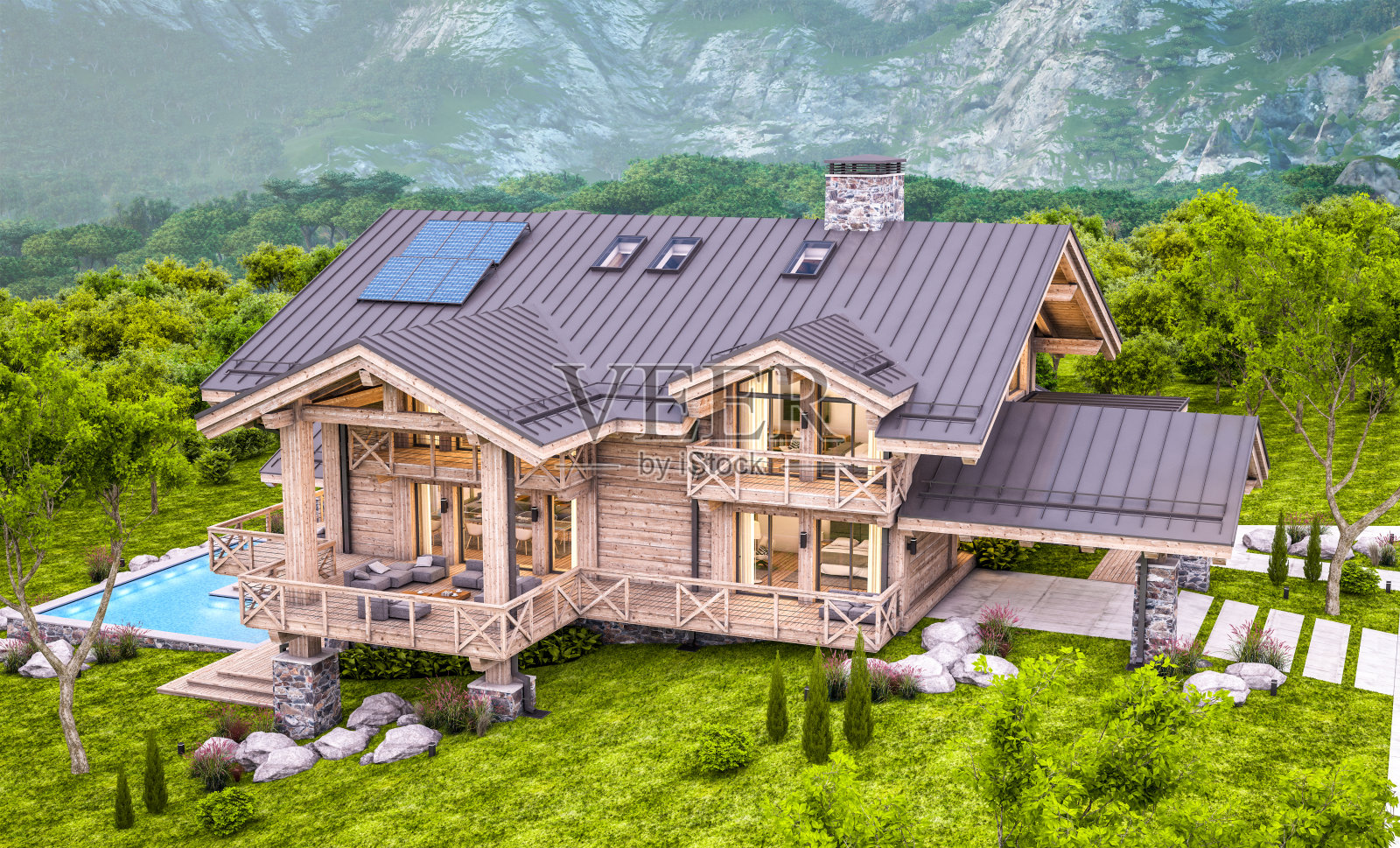 夜晚现代舒适小木屋的3D渲染照片摄影图片