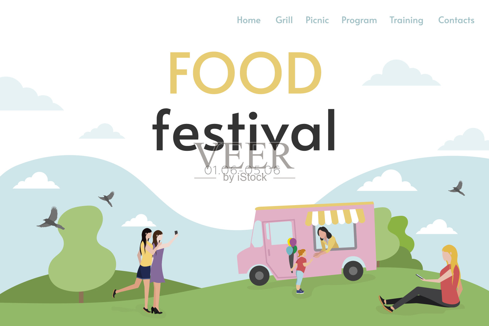 网站标题。周末。美食节上人们正在休息。向量。插画图片素材