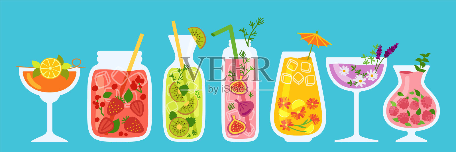 夏威夷鸡尾酒汁卡通设置罐平插画图片素材