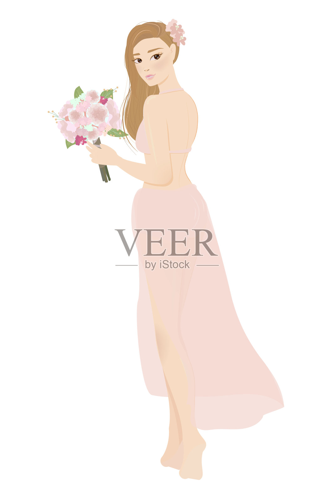 美丽的女孩在粉红色泳装连衣裙为夏季派对孤立的eps10矢量插图插画图片素材