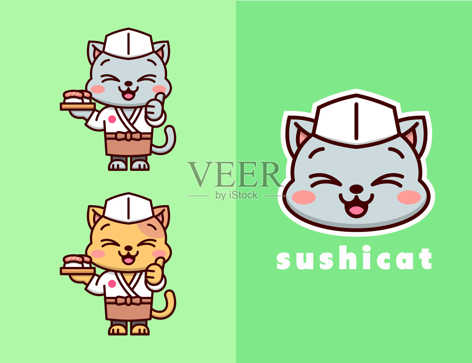 可爱的猫在日本寿司大师服装标志desi插画图片素材