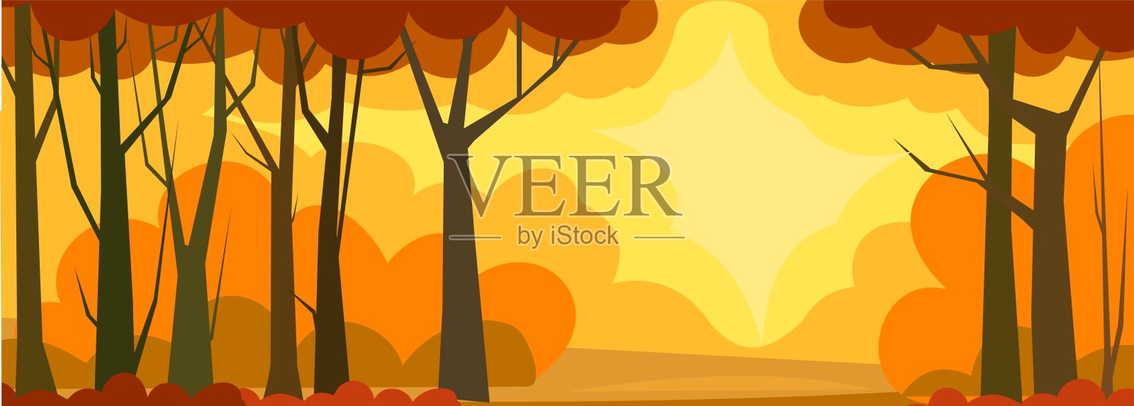 树背景矢量。有高大分枝的树干的稠密的野生植物。秋天的风景。平面设计。卡通风格。插画图片素材