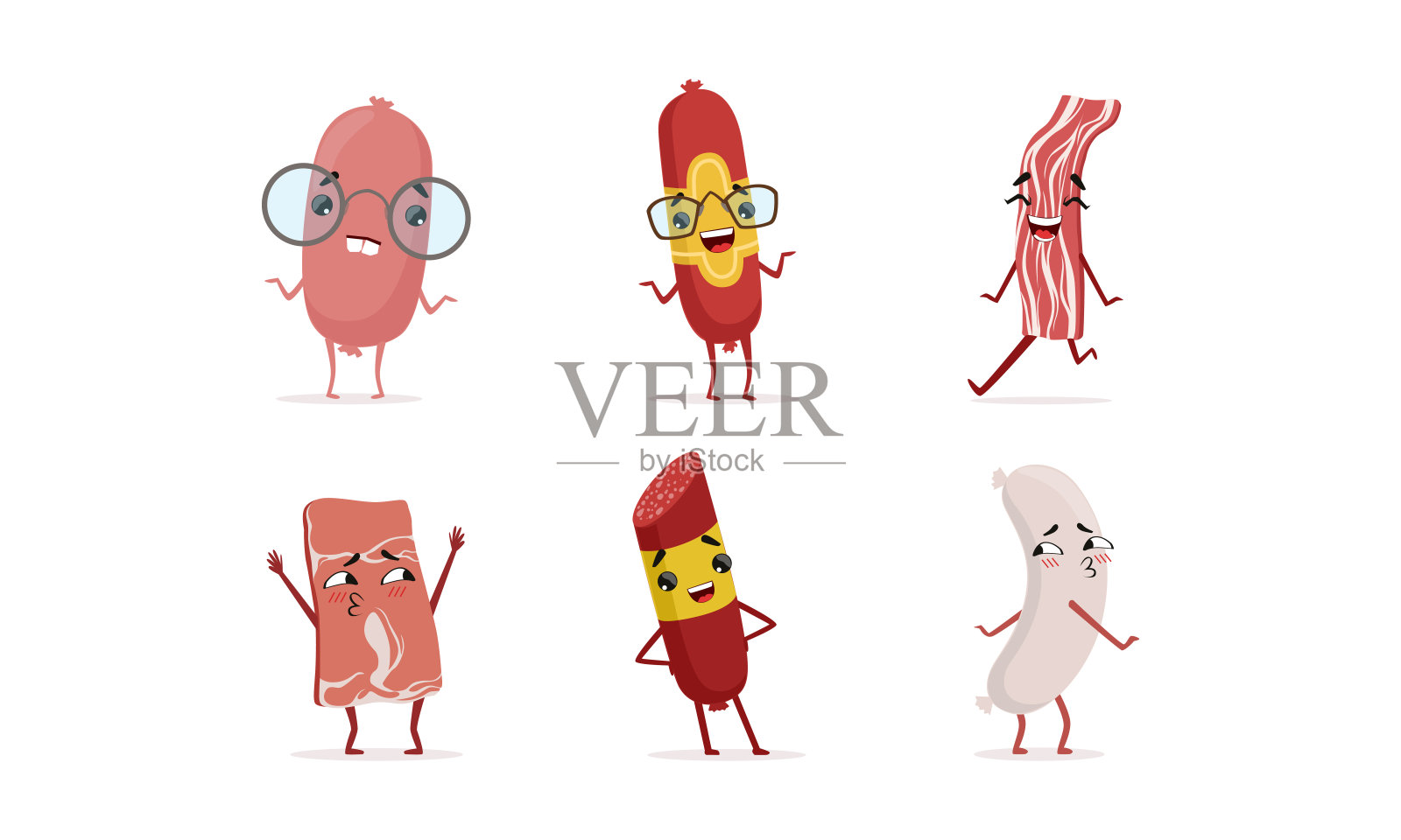 人性化的香肠人物设置,可爱的香肠与滑稽的脸显示不同的情感卡通矢量插图插画图片素材