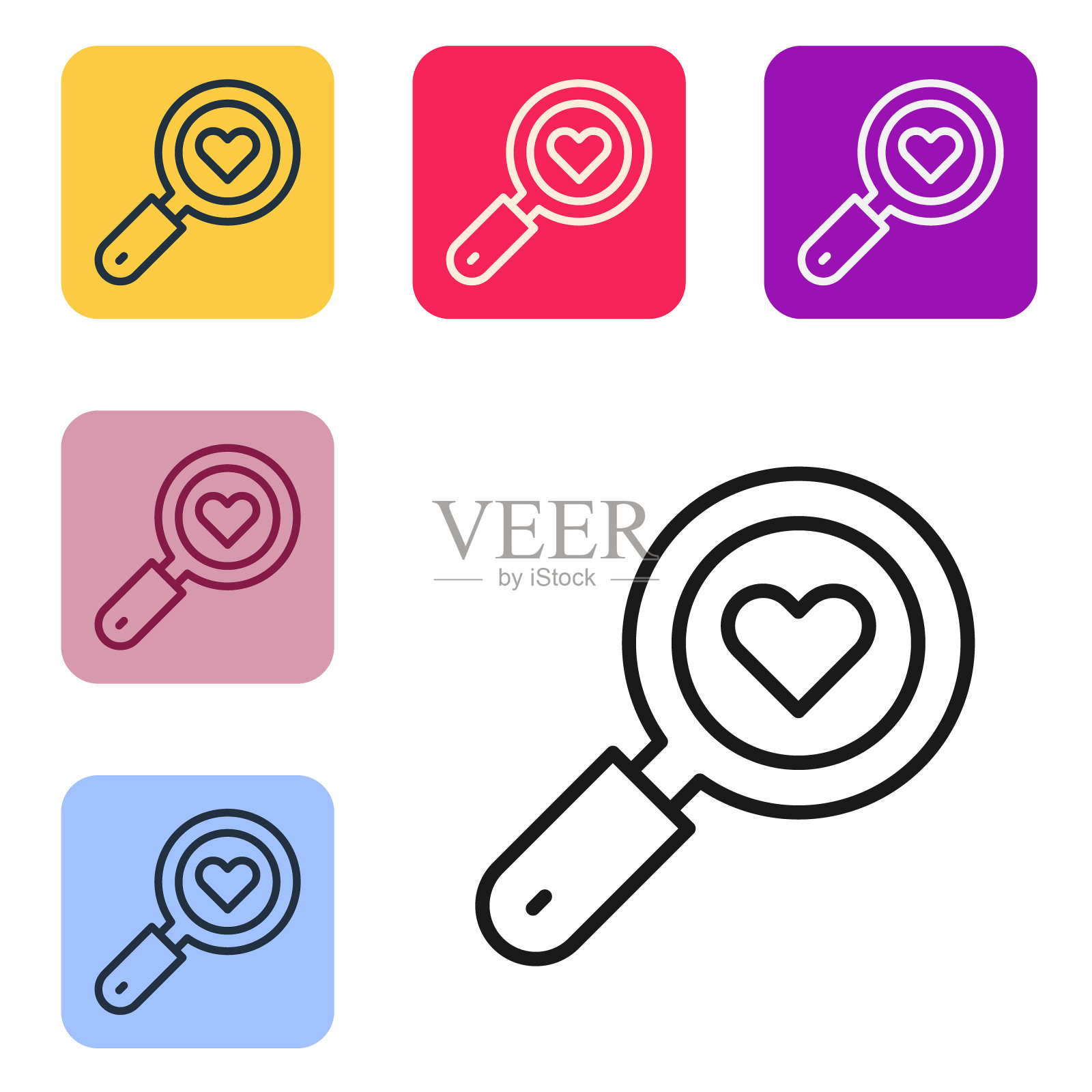 搜索心和爱的图标孤立在白色的背景。里面有一颗心的放大镜。设置图标的颜色方形按钮。向量插画图片素材