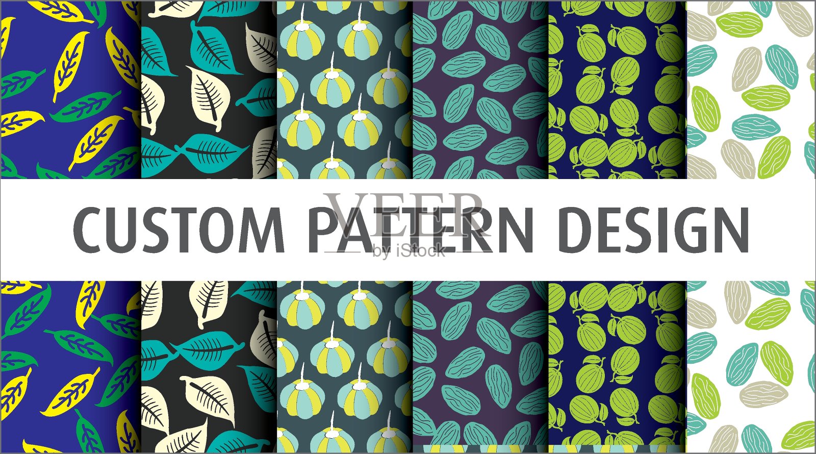 6款无缝矢量图案:树叶、水果和花卉无缝图案,几何图案插画图片素材