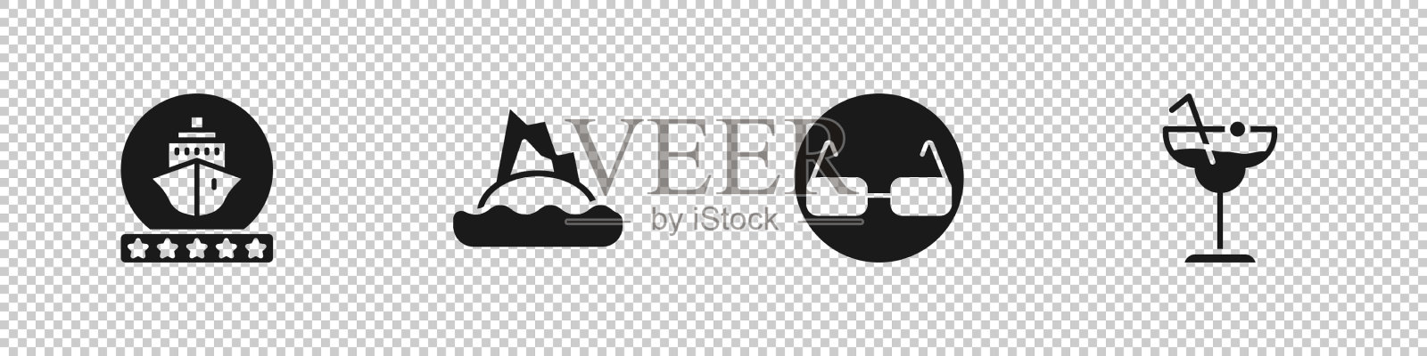 在海洋玻璃中设置游轮热带岛屿图标素材