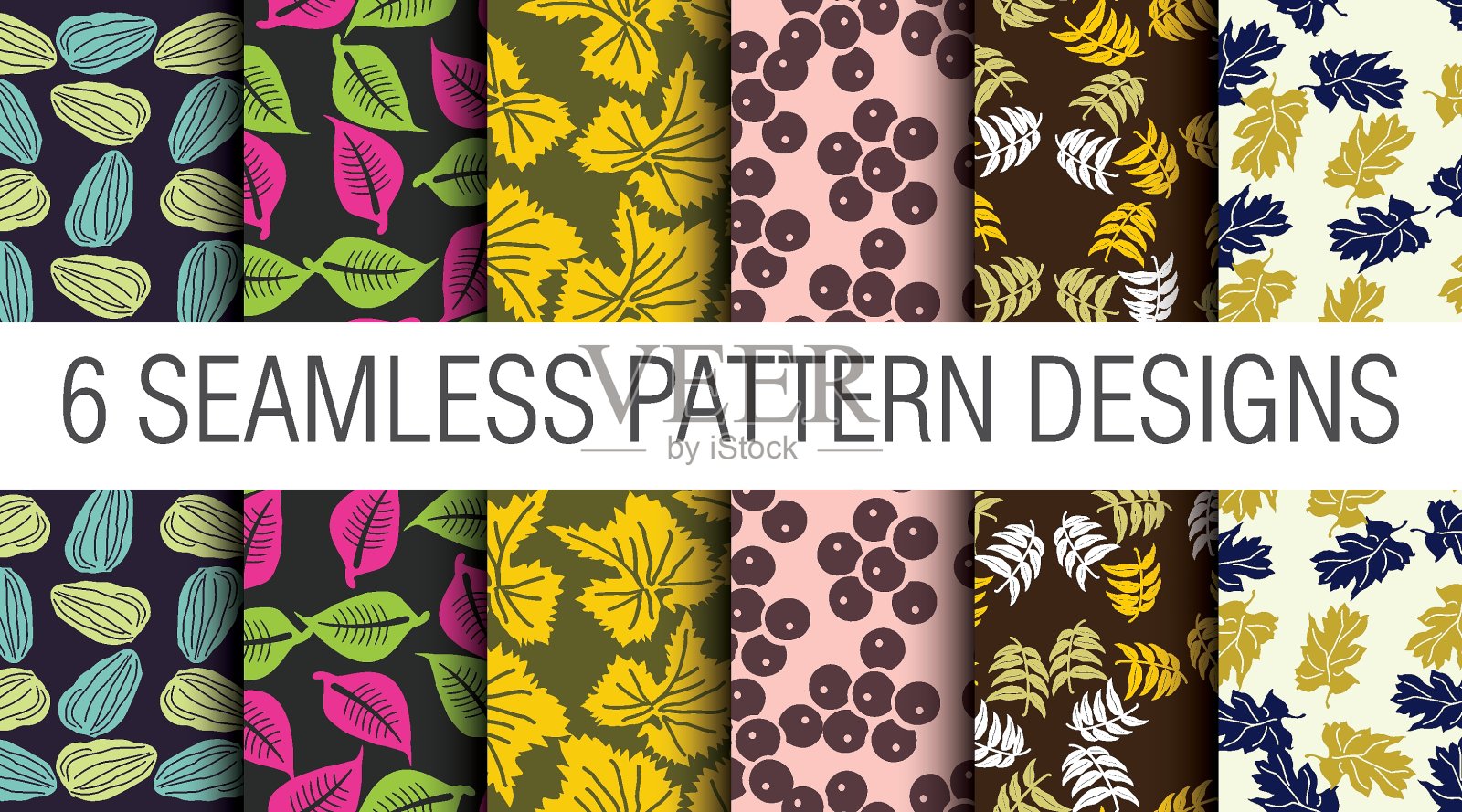6款无缝矢量图案:树叶、水果和花卉无缝图案,几何图案插画图片素材