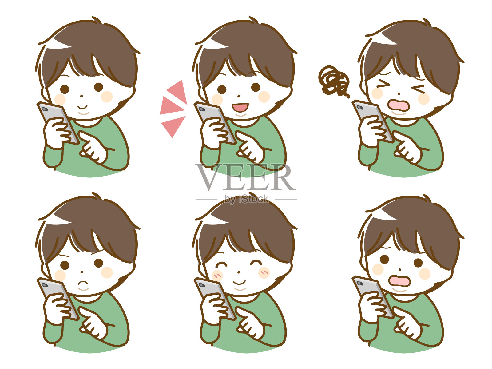 胖小男孩在玩智能手机插画图片素材