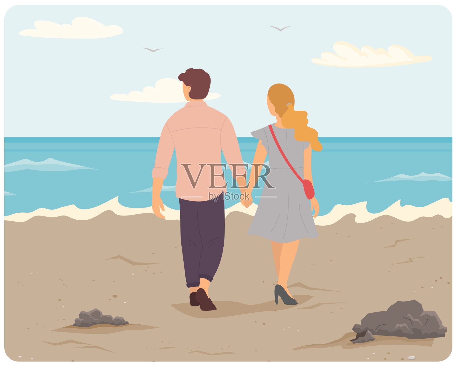 恋爱中的年轻情侣拥抱并凝视大海插画图片素材