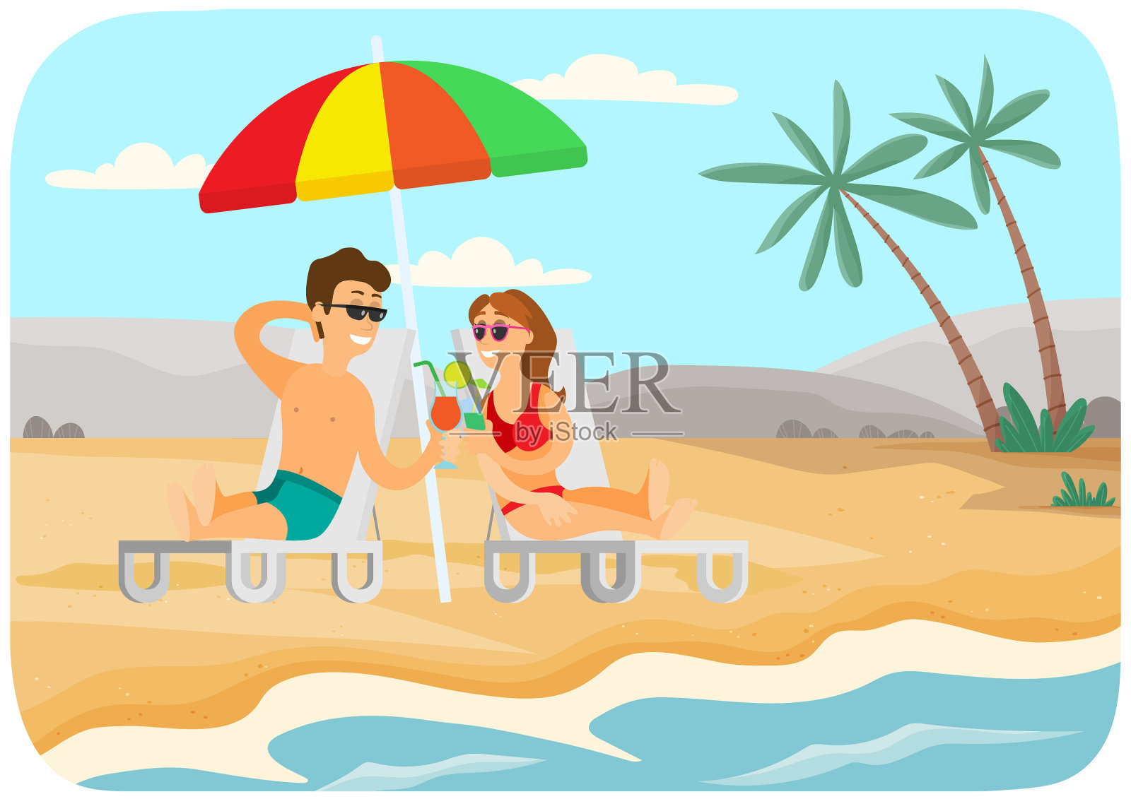 一对年轻夫妇坐在躺椅上插画图片素材