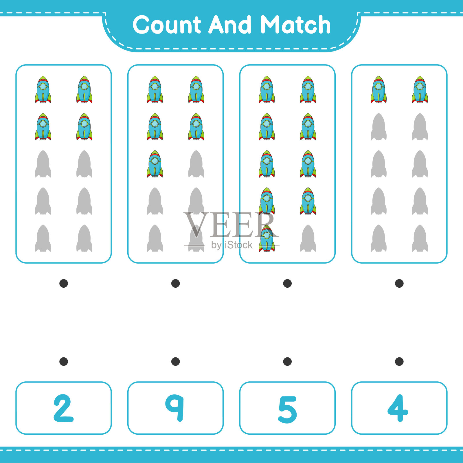 数和匹配,数火箭的数量和匹配正确的数字。教育儿童游戏,可打印的工作表,矢量插图插画图片素材