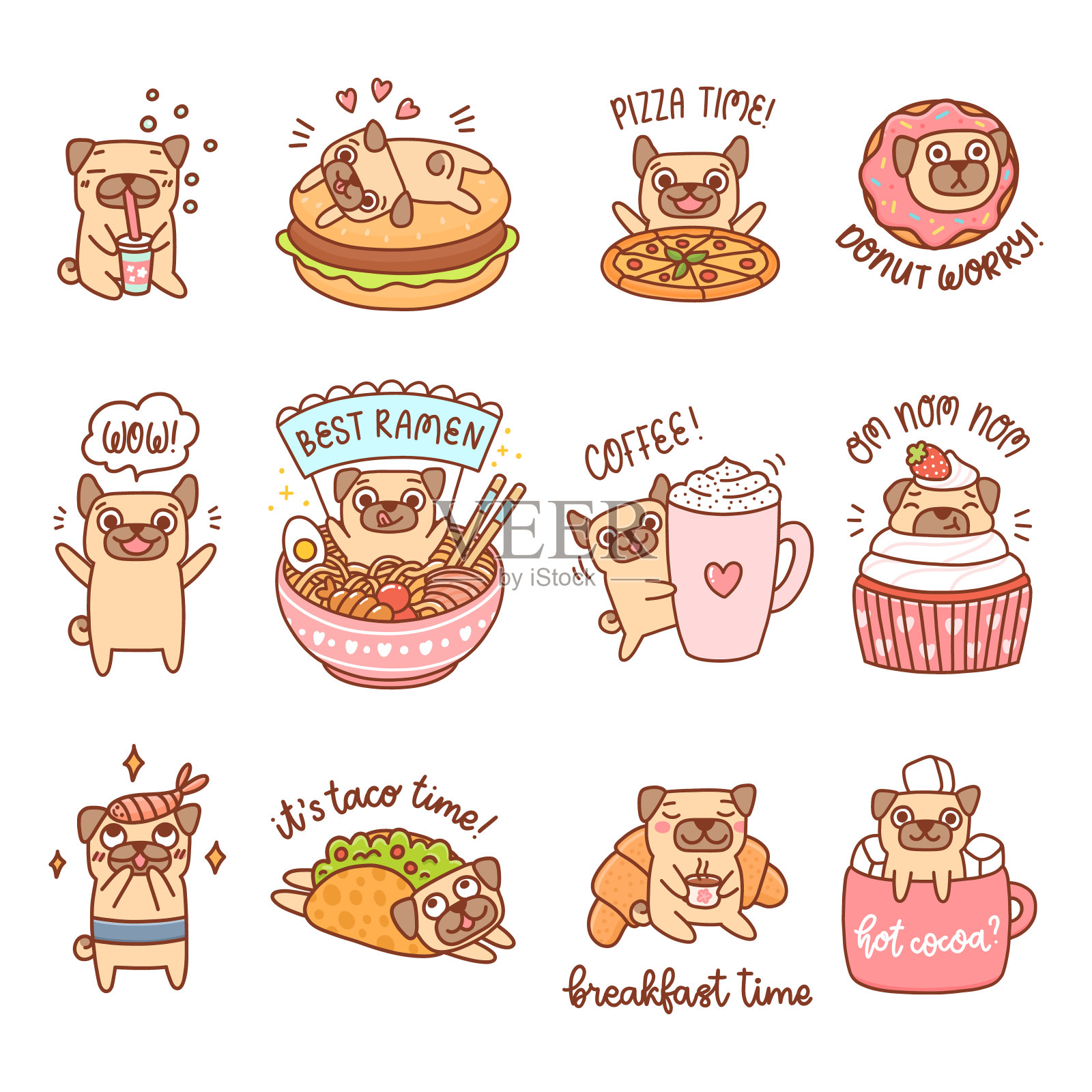 一束可爱的哈巴狗品种孤立在白色的背景。插画图片素材