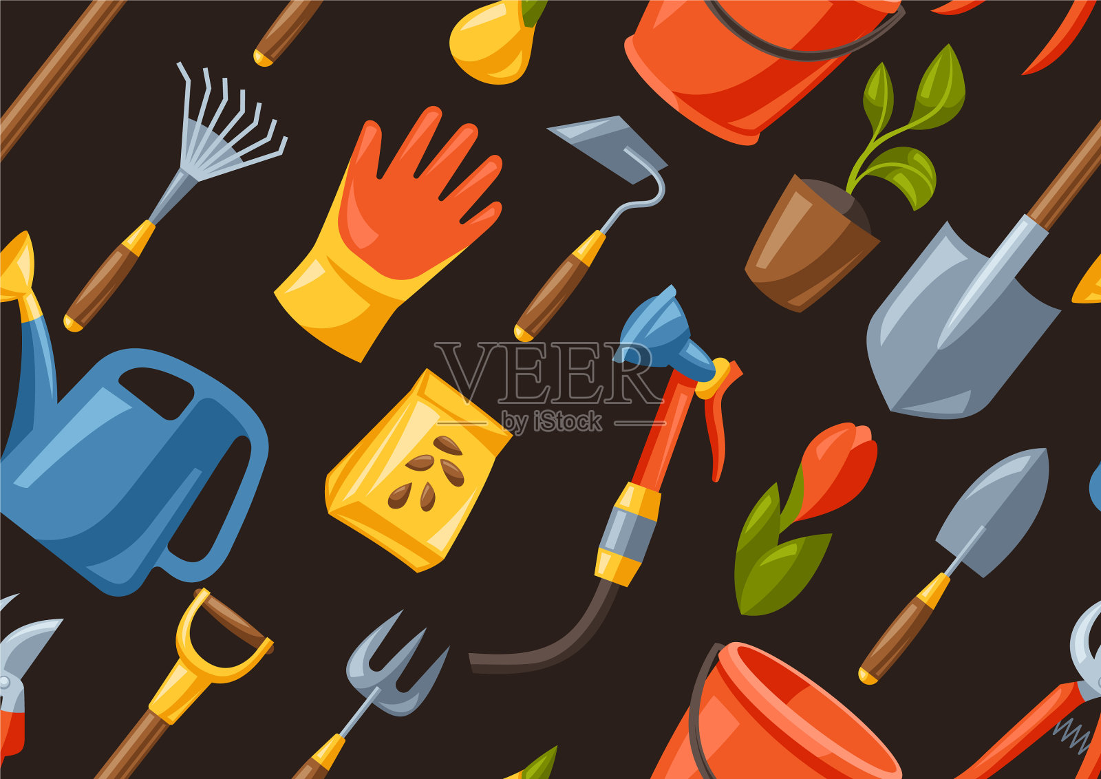 无缝模式与园艺工具和设备插画图片素材