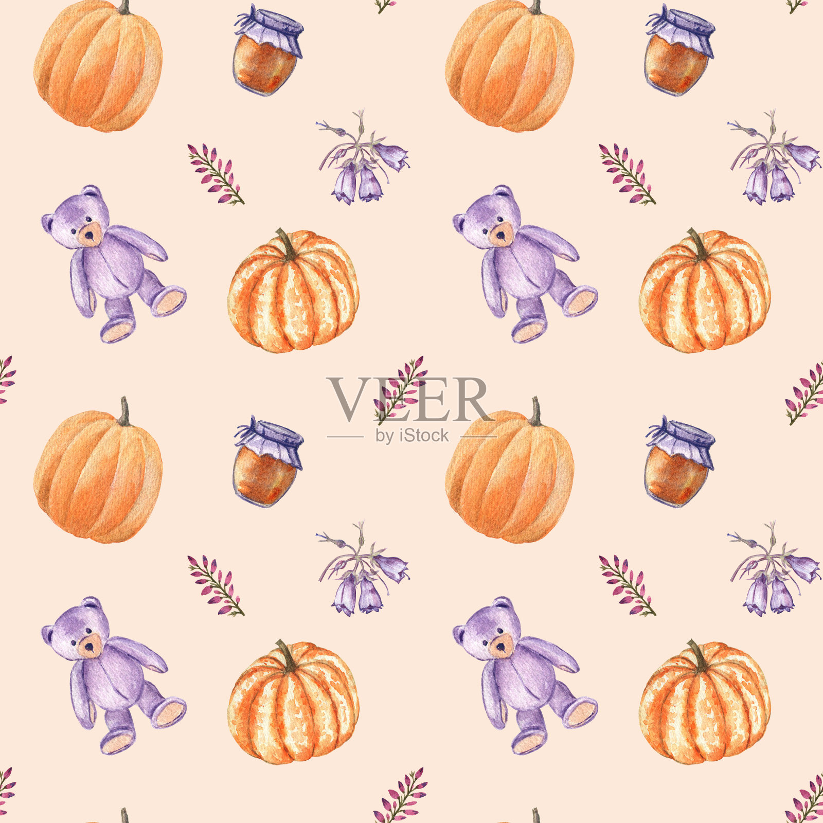 舒适的无缝图案与泰迪熊,南瓜,蜜罐,风信子和石南。水彩手绘元素在米色橙色的背景。非常适合夏末和初秋。插画图片素材