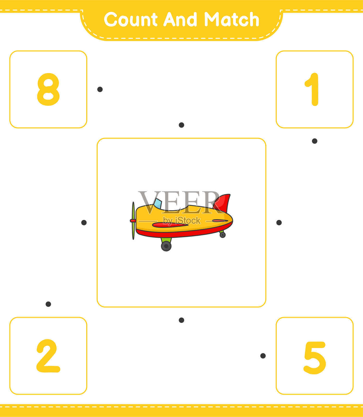 数和匹配,数飞机的数量和匹配正确的数字。教育儿童游戏,可打印的工作表,矢量插图插画图片素材