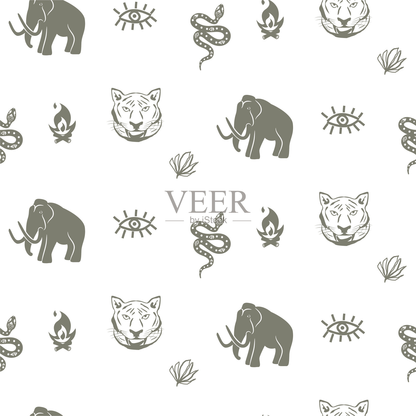 猛犸无缝图案以虎蛇石器时代主题为背景插画图片素材