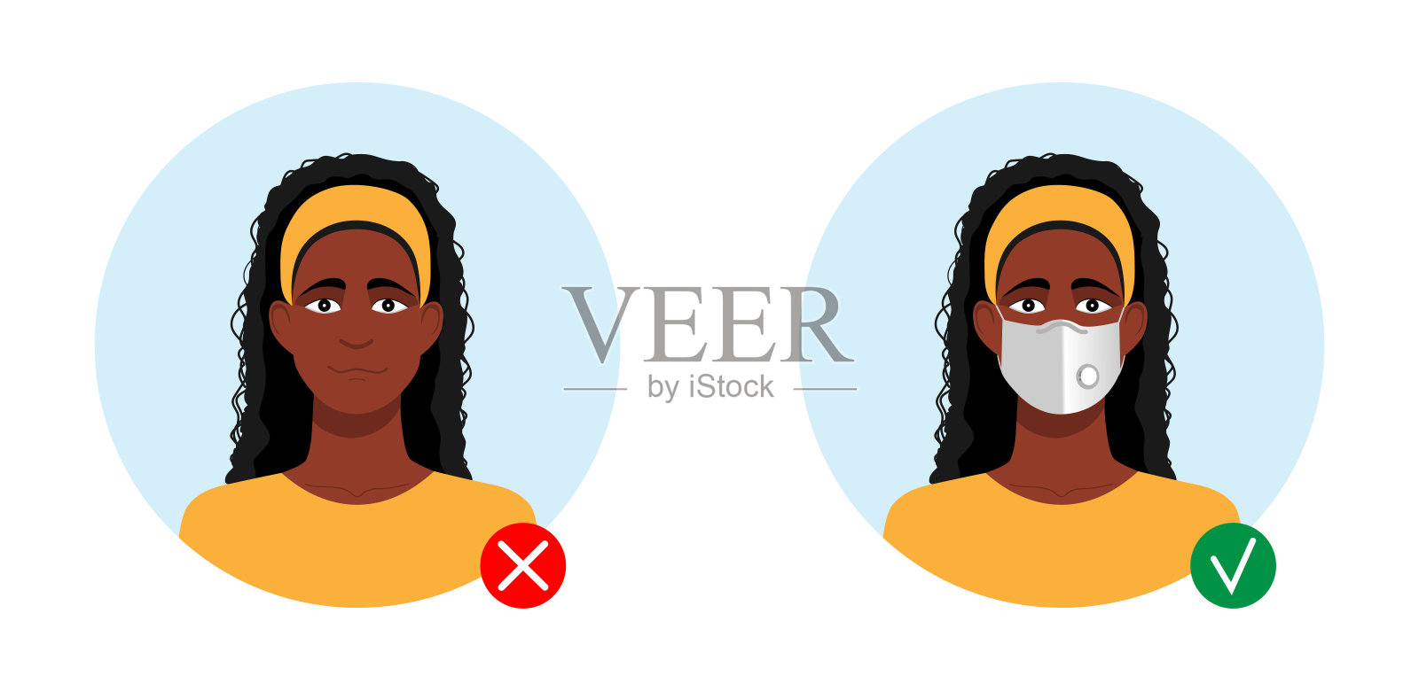 非裔美国妇女有和没有呼吸器类型FFP2, N95。阀门需要面具。矢量插图。插画图片素材