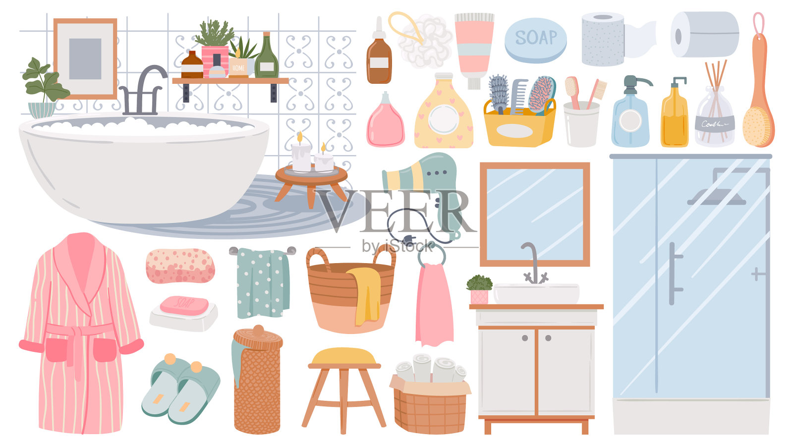 浴室元素洁面产品和皮肤插画图片素材