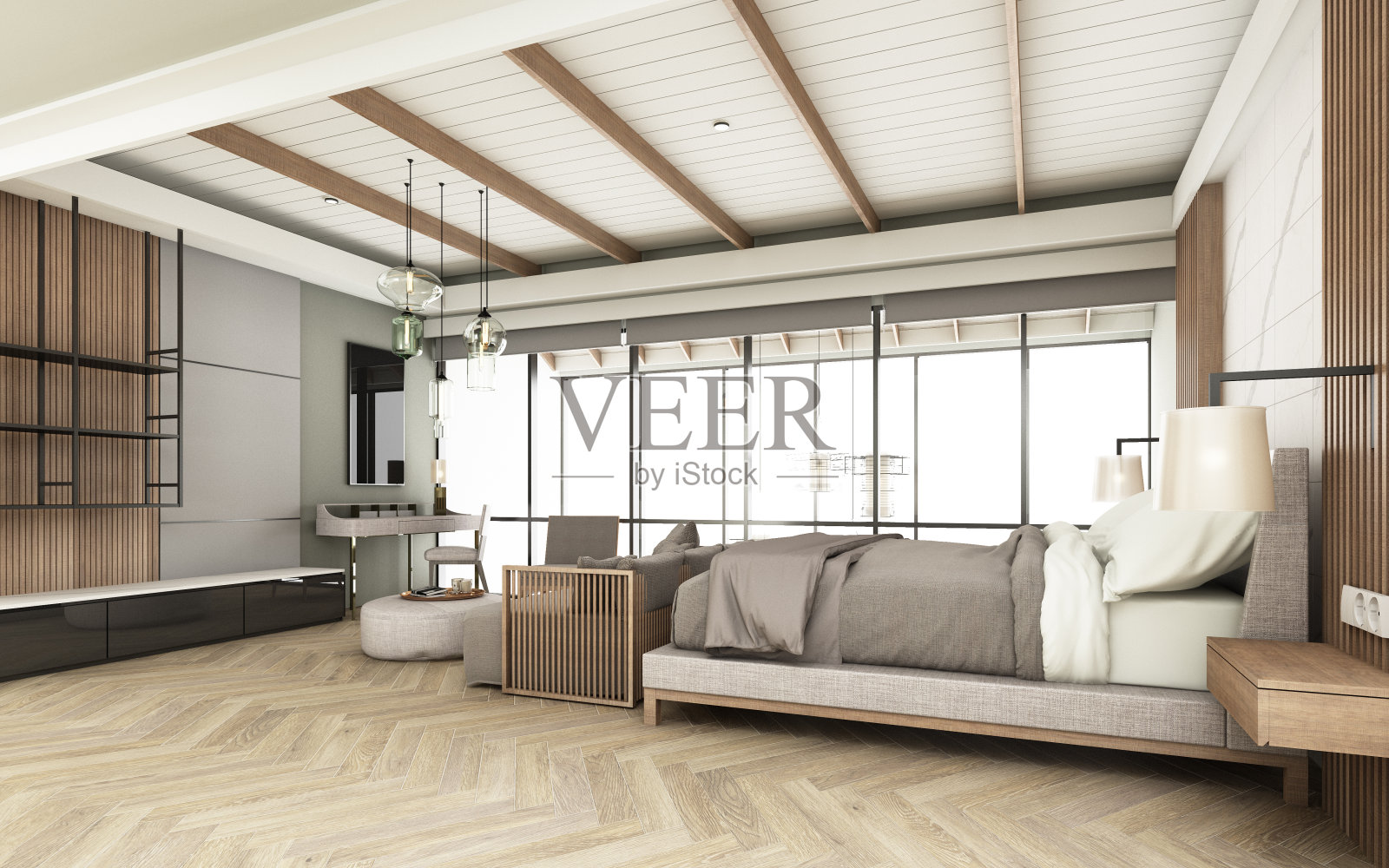 卧室以现代风格装饰,带有木色的座椅、床和墙壁装饰。有大窗户,镶木地板上有高高的天花板。照片摄影图片