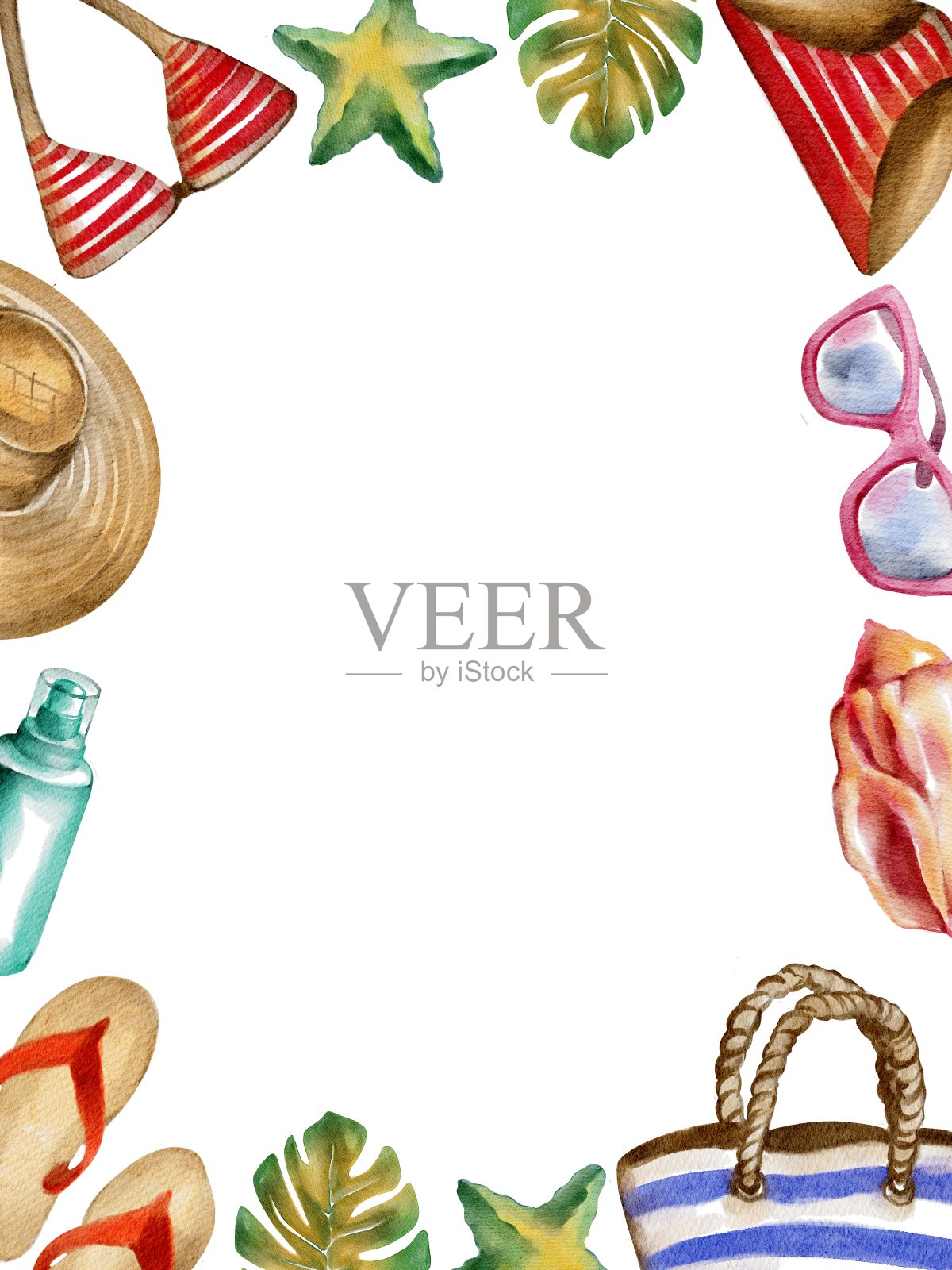 手绘水彩海滩度假框。贝壳,海星,包,帽子,泳衣,凉鞋。用于海报,卡片,模板,小册子,印刷,meny,横幅,邀请插画图片素材