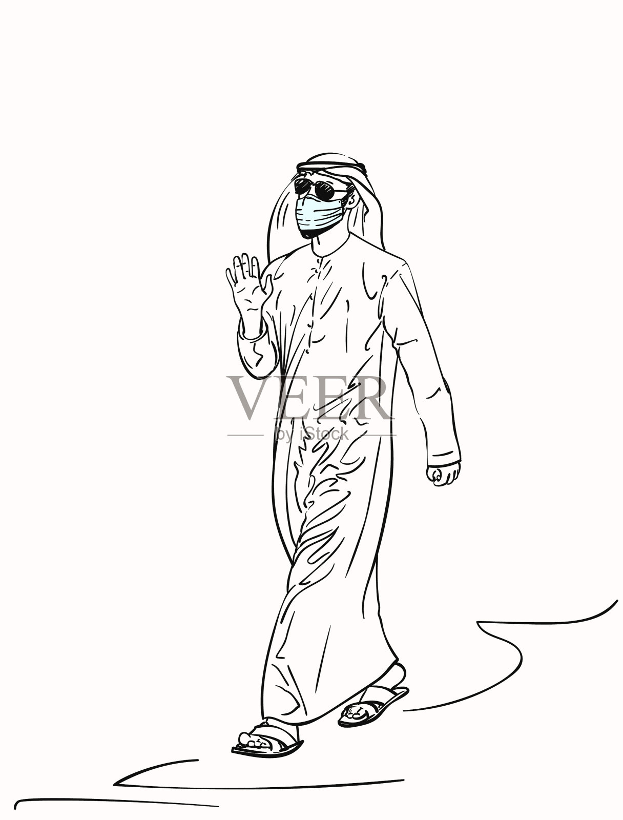 素描阿拉伯穆斯林男子的传统白色插画图片素材
