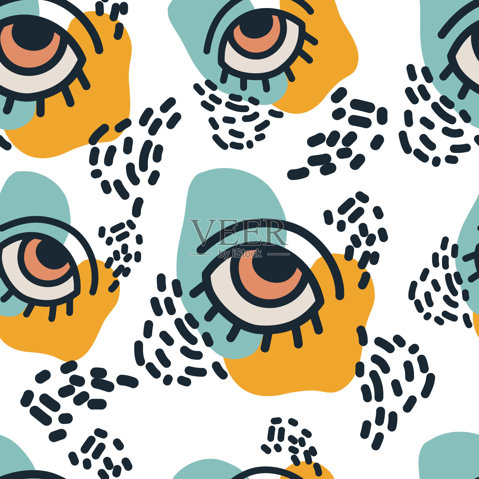 手绘现代插图与眼睛,各种形状和涂鸦对象。抽象现代时尚矢量无缝图案。当代手绘矢量插图。简约的概念插画图片素材