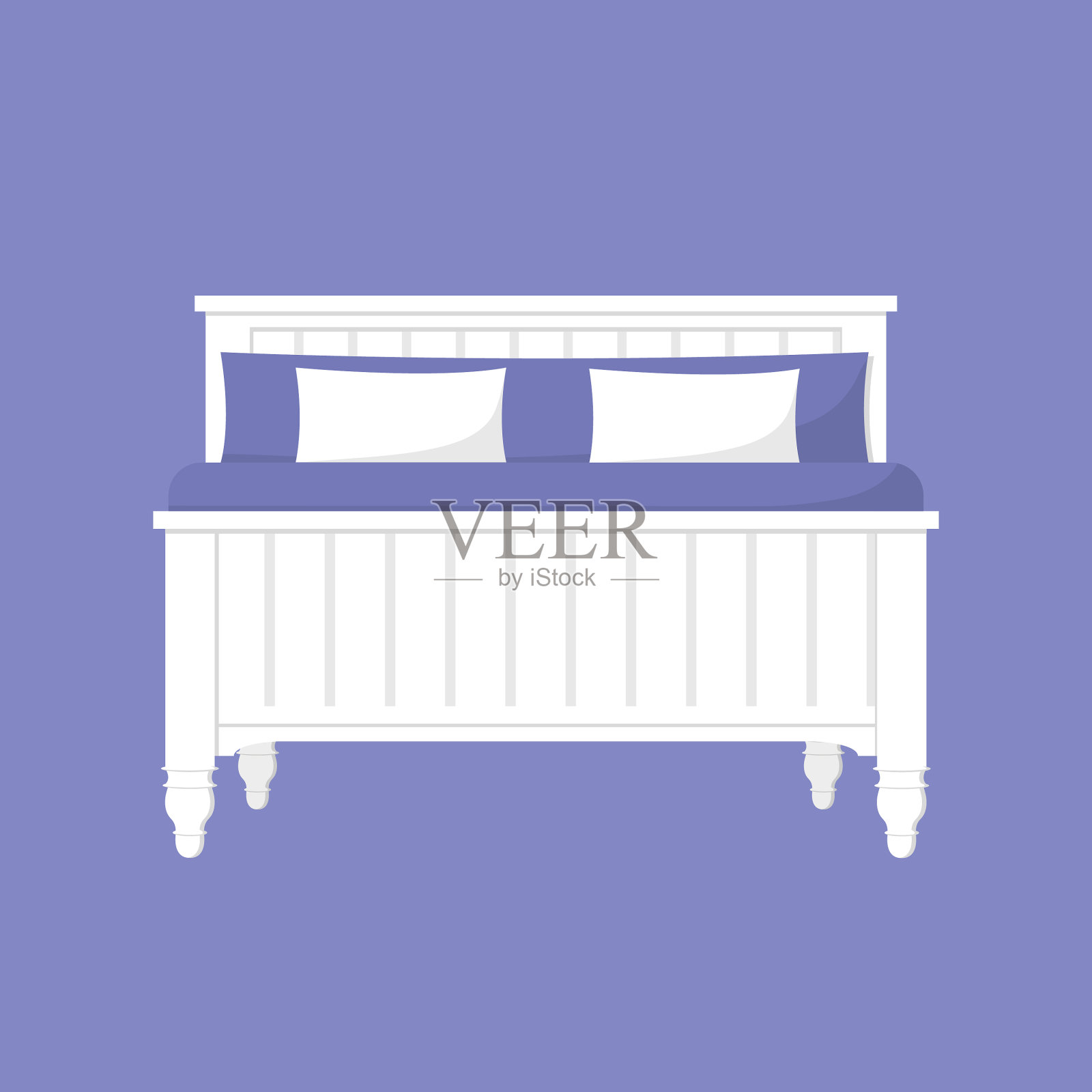 白色的床,蓝色的绒床和白色的枕头插画图片素材