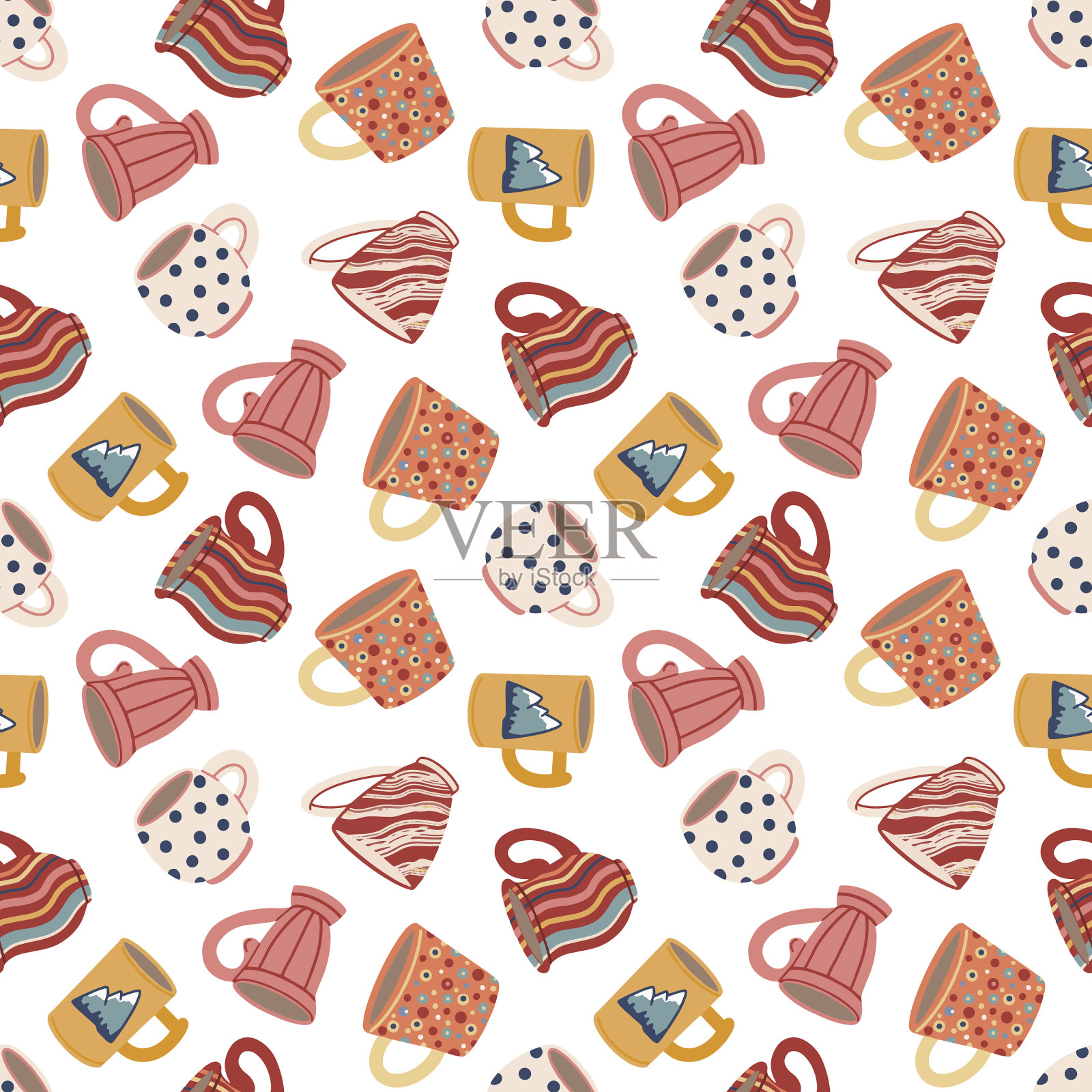 图案与杯子和马克杯可爱的陶瓷餐具插画图片素材