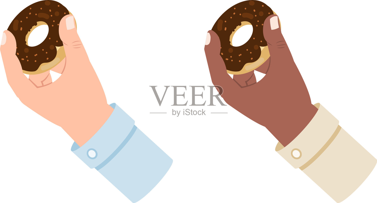 白人和黑人的手孤立地拿着一个甜甜圈设计元素图片