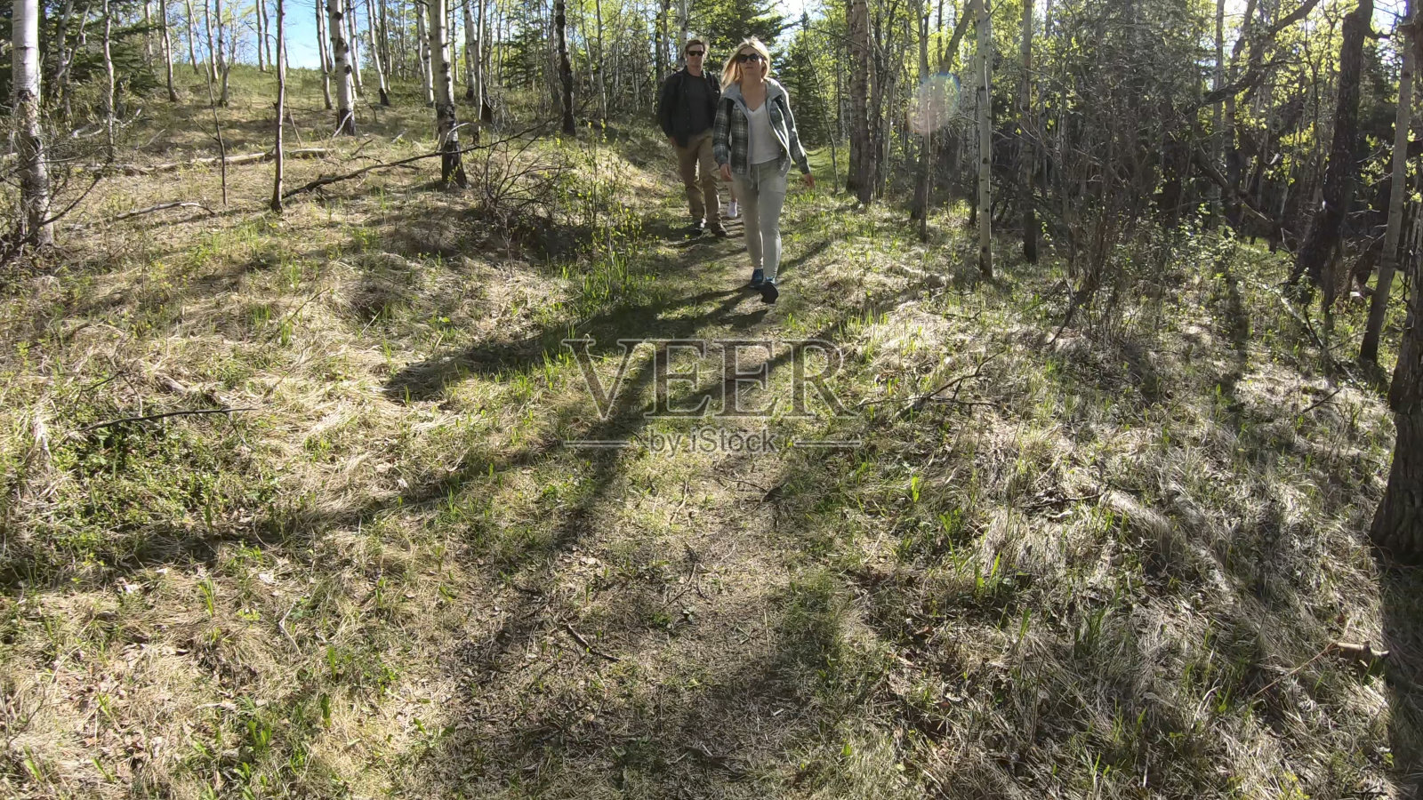 POV作为朋友徒步穿越茂密的森林在夏天的时间照片摄影图片