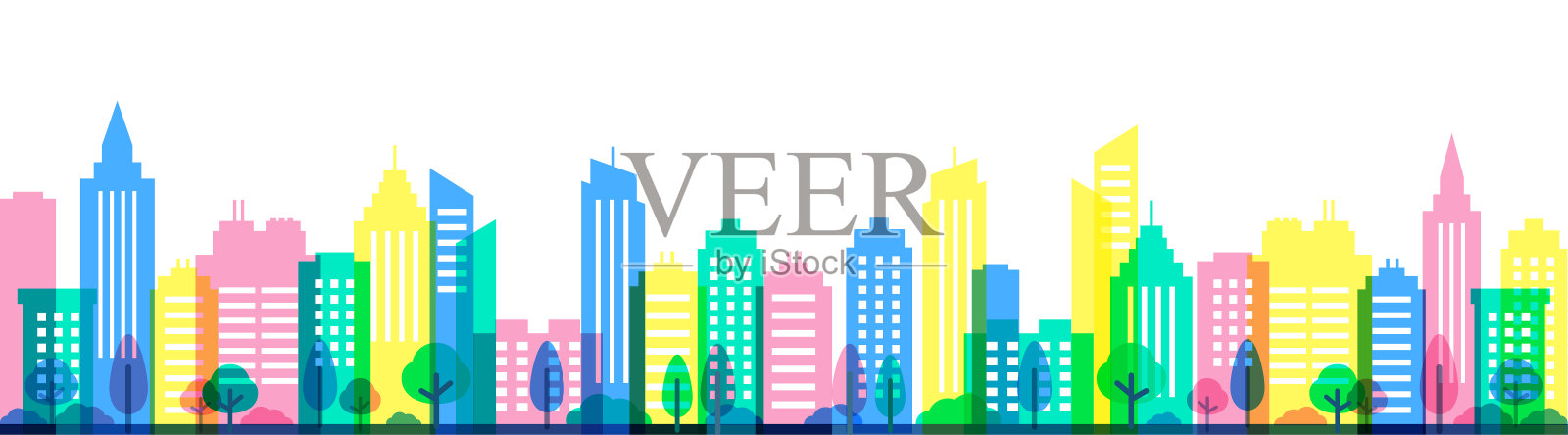 城市天际线矢量插画:卡通风格的城市建筑插画图片素材