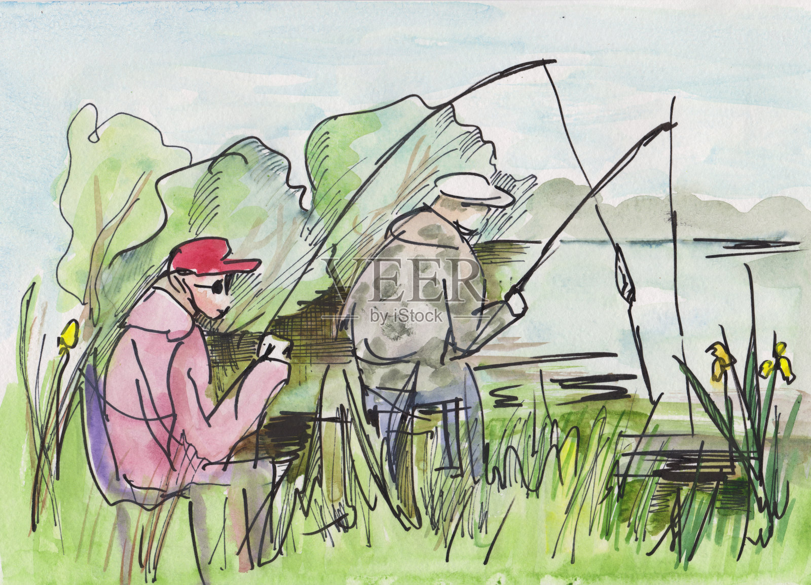 渔民在湖插画图片素材